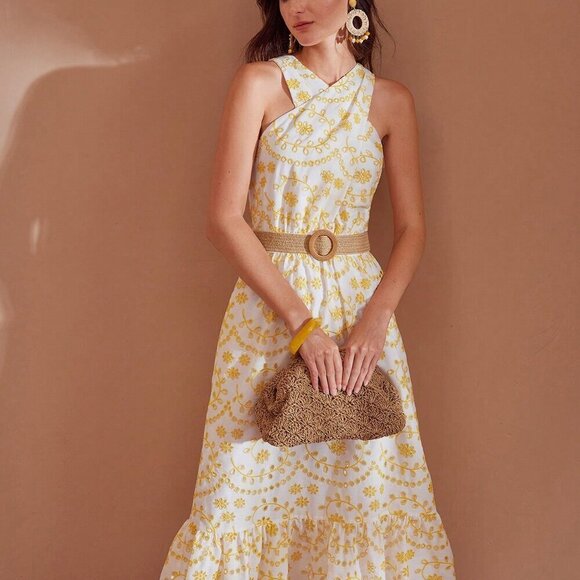 YELLOW WOMEN'S SCALLOP RUFFLE HEM HALTER NECK EMBROIDERY SCHIFFY DRESS - Picture 4 of 8